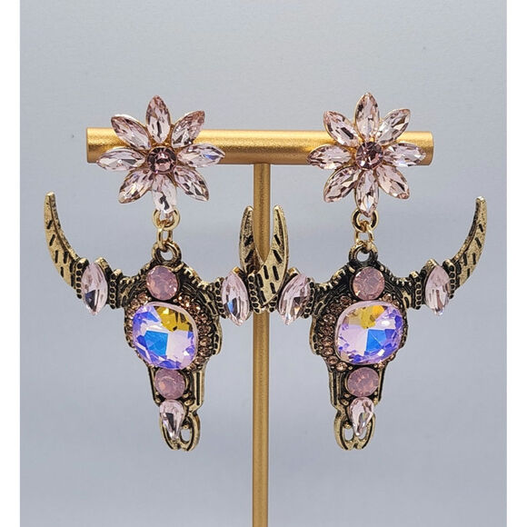 Western Bull Head and Flower Dangle Earrings Stunning a Little Gaudy Great - Picture 1 of 3